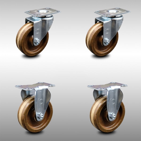 4 Inch SS High Temp Phenolic Swivel Top Plate Caster Set with 2 Rigid SCC